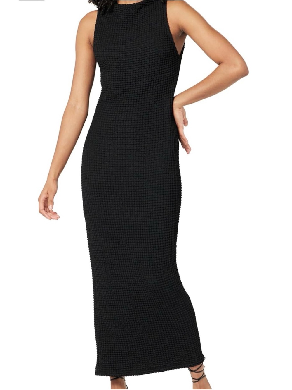 Sleek Black Textured Maxi Dress - Sleeveless Bodycon